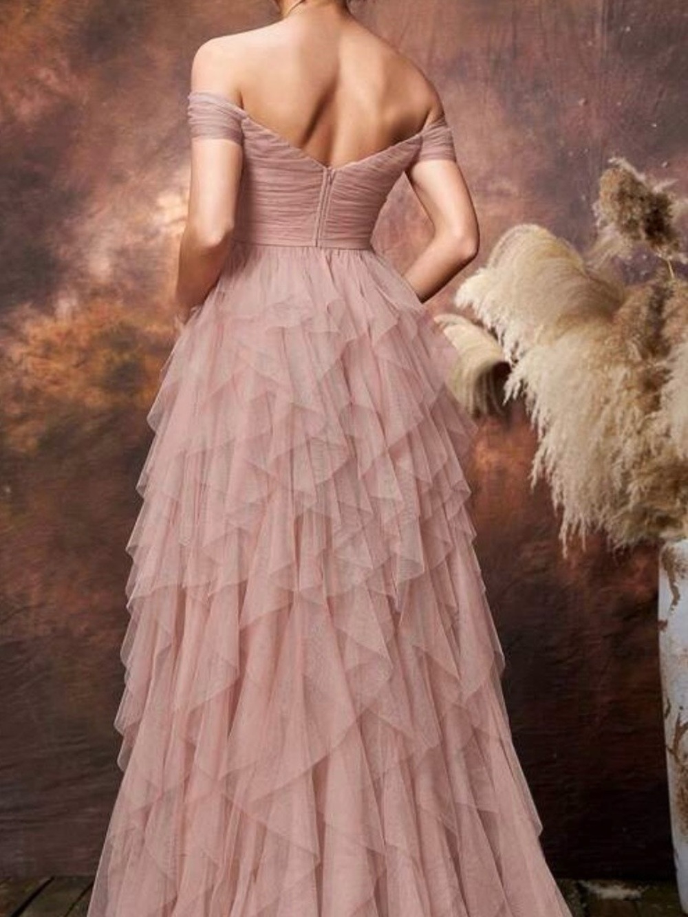 Dusty Pink Off-Shoulder Long Tulle Dress - Picture 3 of 5